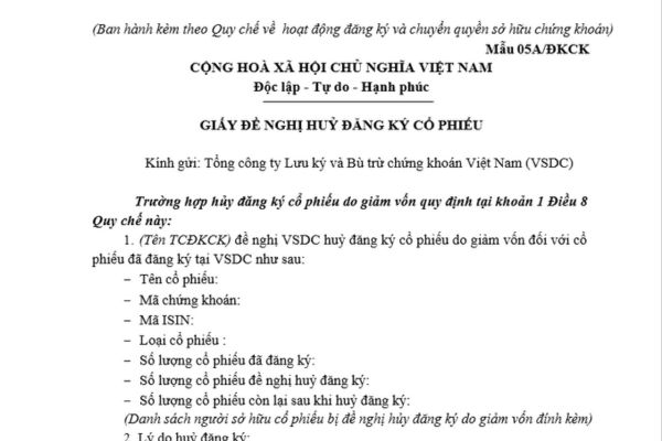 Mẫu Giấy đề nghị hủy đăng ký cổ phiếu là mẫu nào? Tải mẫu Giấy đề nghị hủy đăng ký cổ phiếu ở đâu?