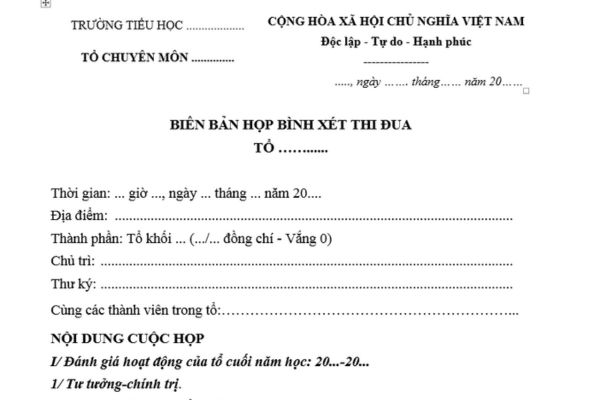 Mẫu biên bản họp xét thi đua cuối năm của tổ chuyên môn mới nhất? Nguyên tắc xét thi đua khen thưởng?