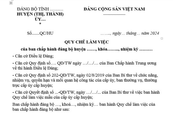 Mẫu Quy chế làm việc của cấp ủy cấp huyện mới nhất? Tải ở đâu? Nhiệm vụ của cấp ủy cấp huyện trong việc định hướng vấn đề xây dựng Đảng?