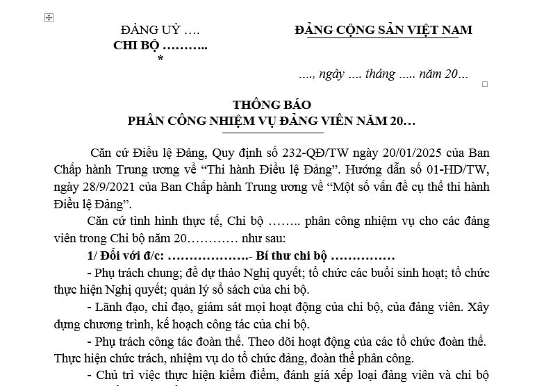 Mẫu Thông báo phân công nhiệm vụ Đảng viên là mẫu nào? Tải mẫu mới nhất? Phân công nhiệm vụ đảng viên bao gồm những nhiệm vụ nào?