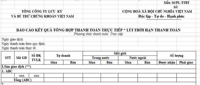 Mẫu Báo cáo tổng hợp kết quả thanh toán trực tiếp chứng khoán lùi thời hạn thanh toán tại VSDC mới nhất?