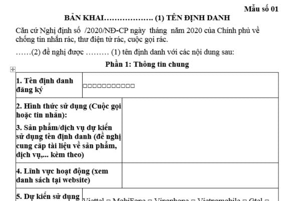 Mẫu Bản khai đăng ký tên định danh dùng trong quảng cáo bằng tin nhắn, gọi điện thoại là mẫu nào? Tên định danh có bao nhiêu ký tự?