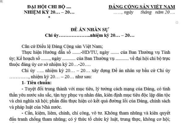 Mẫu Đề án nhân sự chi ủy tại đại hội chi bộ mới nhất như thế nào? Tải mẫu? Đại hội chi bộ do ai triệu tập?