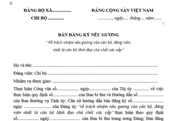 Mẫu Bản đăng ký nêu gương cán bộ Đảng viên mới nhất? Tải mẫu ở đâu?  07 nội dung nêu gương cán bộ đảng viên?