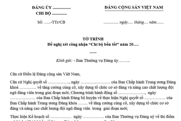 Mẫu Tờ trình đề nghị công nhận chi bộ 4 tốt như thế nào? Tải mẫu ở đâu? 4 tiêu chí của chi bộ 4 tốt?