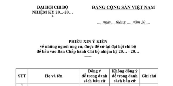 Mẫu Phiếu xin ý kiến nhân sự Ban chấp hành chi bộ mới nhất? Tải mẫu? Hình thức lấy phiếu xin ý kiến là gì?