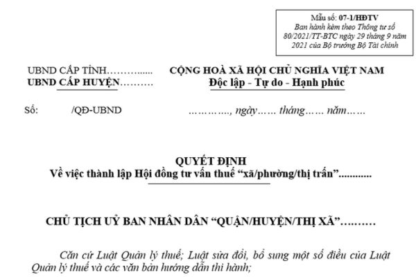 Mẫu Quyết định thành lập Hội đồng tư vấn thuế là mẫu nào? Tải về? Thời hạn hoạt động của Hội đồng tư vấn thuế?