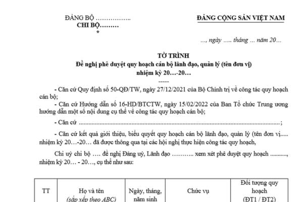 Mẫu Tờ trình đề nghị phê duyệt quy hoạch cán bộ lãnh đạo, quản lý mới nhất? Tải mẫu ở đâu? Thời hạn phê duyệt quy hoạch?