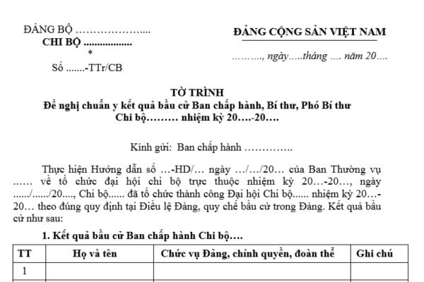 Mẫu Tờ trình đề nghị chuẩn y kết quả bầu cử tại Đại hội chi bộ mới nhất thế nào? Tải mẫu ở đâu? Kết quả bầu cử được tính thế nào?