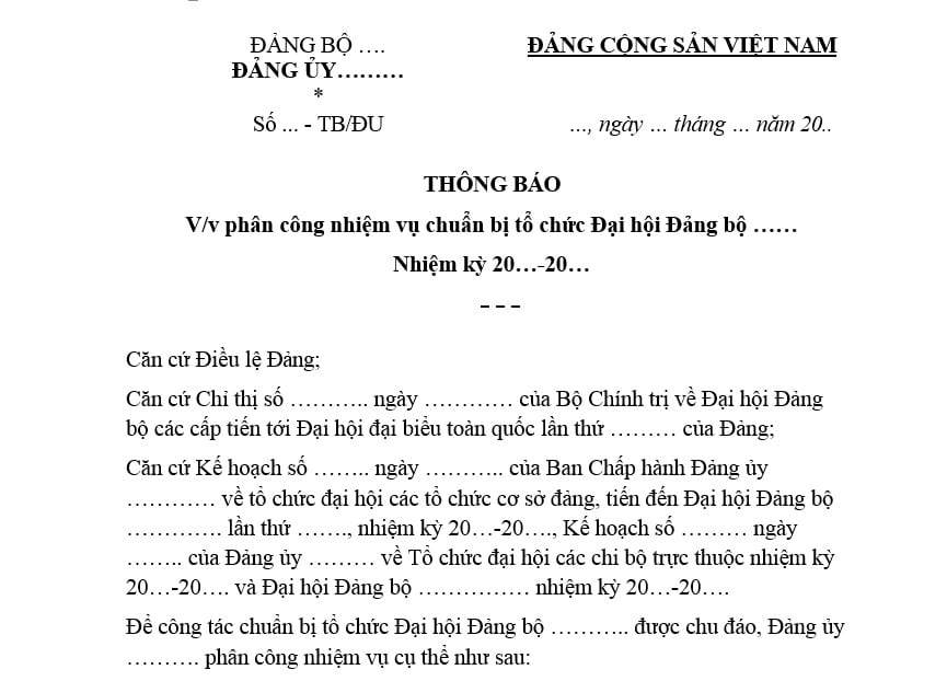 Mẫu Thông báo phân công nhiệm vụ tổ chức Đại hội Đảng bộ? Tải mẫu? Hướng dẫn trang trí khánh tiết đại hội đảng bộ?