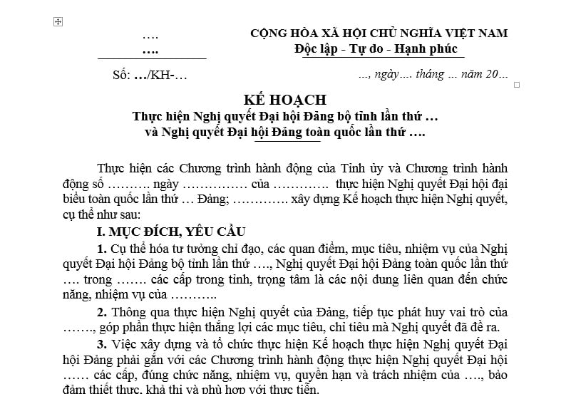 Mẫu Kế hoạch triển khai thực hiện Nghị quyết Đại hội Đảng bộ? Tải Kế hoạch thực hiện Nghị quyết Đại hội Đảng bộ?