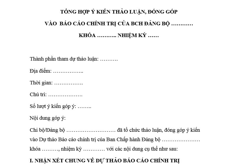 Mẫu Tổng hợp ý kiến thảo luận đóng góp vào báo cáo chính trị đại hội Đảng bộ? Tải mẫu? Đọc báo cáo chính trị thực hiện ở bước thứ mấy?