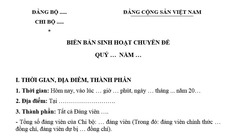 Mẫu Biên bản sinh hoạt chuyên đề chi bộ quý 2? Tải mẫu? Dự thảo chuyên đề sinh hoạt chi bộ phải được ai thông qua?