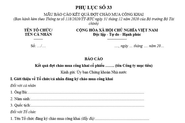 Mẫu báo cáo kết quả đợt chào mua công khai theo quy định là mẫu nào? Tải về ở đâu? Thời hạn gửi Báo cáo?