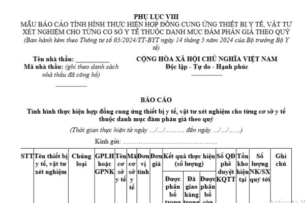 Mẫu báo cáo tình hình thực hiện hợp đồng cung ứng thiết bị y tế, vật tư xét nghiệm cho từng cơ sở y tế thuộc danh mục đàm phán giá là mẫu nào?