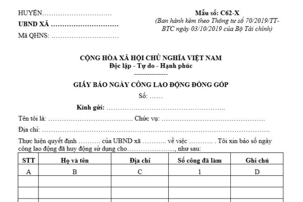 Mẫu Giấy báo ngày công lao động đóng góp dùng cho Ủy ban nhân dân xã mới nhất là mẫu nào? Hướng dẫn ghi chi tiết?