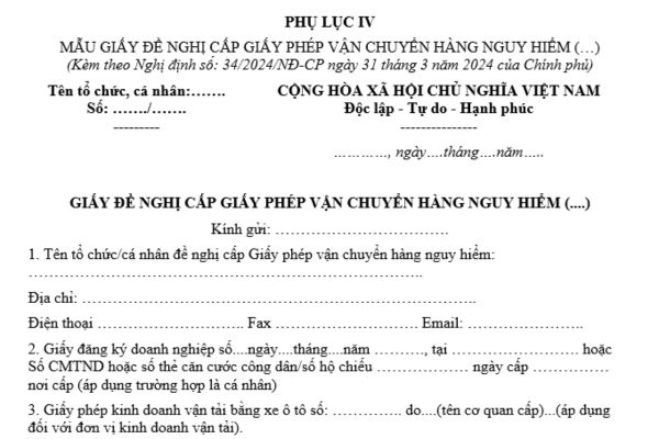 Mẫu giấy đề nghị cấp Giấy phép vận chuyển hàng hóa nguy hiểm loại 5 theo quy định là mẫu nào? Trình tự thủ tục cấp Giấy phép ra sao?