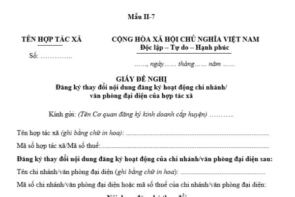 Tải về mẫu Giấy đề nghị đăng ký thay đổi nội dung đăng ký hoạt động văn phòng đại diện của hợp tác xã theo quy định mới nhất?