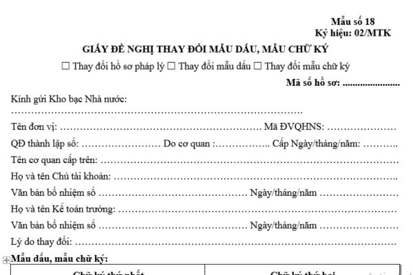 Mẫu Giấy đề nghị thay đổi mẫu dấu của đơn vị giao dịch tại Kho bạc nhà nước theo quy định là mẫu nào?