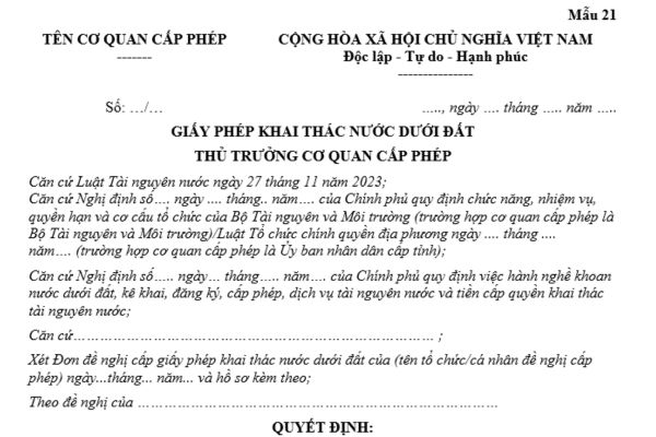 Mẫu Giấy phép khai thác nước dưới đất mới nhất là mẫu nào? Giấy phép khai thác nước dưới đất có thời hạn tối đa là bao lâu? Hồ sơ đề nghị cấp giấy phép khai thác nước dưới đất bao gồm những giấy tờ gì?