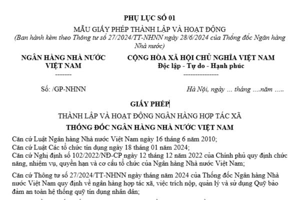 Tải về mẫu Giấy phép thành lập và hoạt động của ngân hàng hợp tác xã theo quy định mới nhất ở đâu?