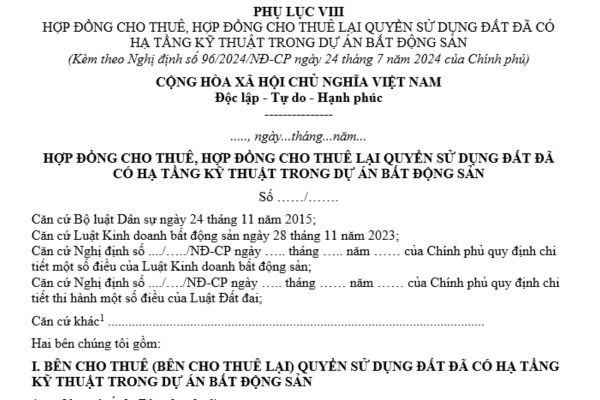 Mẫu hợp đồng đồng cho thuê quyền sử dụng đất đã có hạ tầng kỹ thuật trong dự án bất động sản theo Nghị định 96 là mẫu nào?