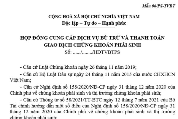 Mẫu Hợp đồng cung cấp dịch vụ bù trừ và thanh toán giao dịch chứng khoán phái sinh mới nhất? Tải ở đâu?