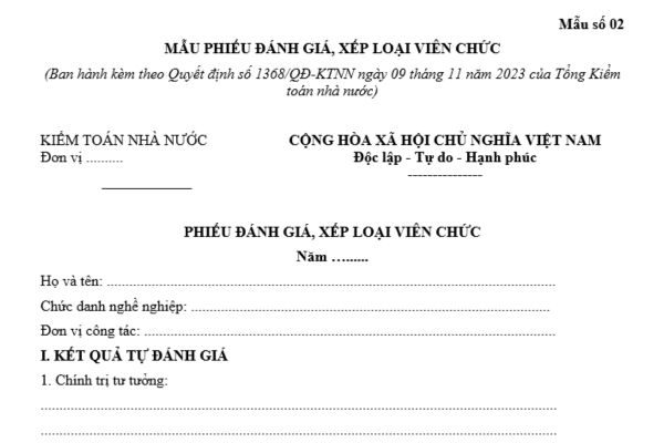 Mẫu Phiếu đánh giá xếp loại công chức viên chức thuộc Kiểm toán Nhà nước mới nhất là mẫu nào? Tải về ở đâu?