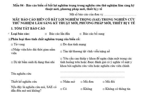 Mẫu báo cáo trong nghiên cứu thử nghiệm lâm sàng kỹ thuật mới, phương pháp mới, thiết bị y tế về biến cố bất lợi nghiêm trọng là mẫu nào?