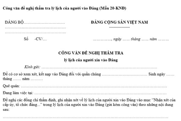 Mẫu Công văn đề nghị thẩm tra lý lịch của người vào Đảng mới nhất? Tải mẫu này ở đâu? Nội dung thẩm tra lý lịch?