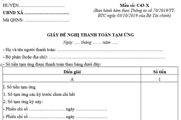 Mẫu Giấy đề nghị thanh toán tạm ứng mới nhất theo Thông tư 70 là mẫu nào? Hướng dẫn cách ghi chi tiết?