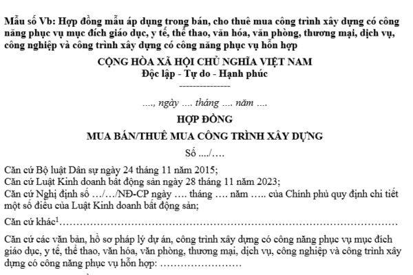 Tải về mẫu Hợp đồng mua bán công trình xây dựng có công năng phục vụ mục đích giáo dục mới nhất theo Nghị định 96?