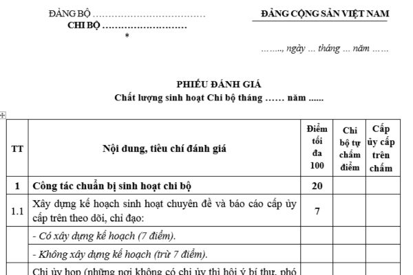 Tải mẫu phiếu đánh giá chất lượng sinh hoạt chi bộ mới nhất? Khung tiêu chí đánh giá chất lượng sinh hoạt chi bộ?