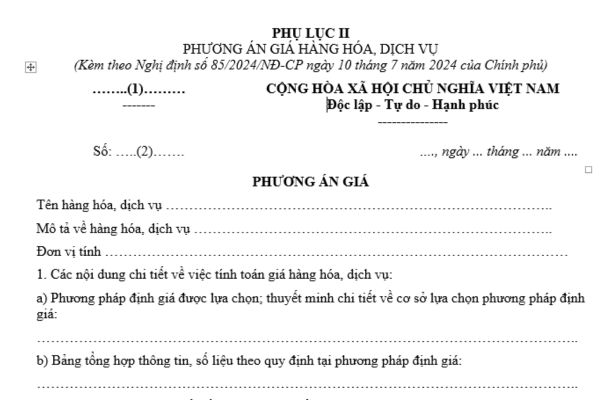 Tải về mẫu phương án giá hàng hóa dịch vụ theo quy định mới nhất ở đâu? Phương án giá phải được gửi kèm theo các giấy tờ nào?