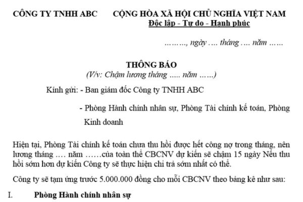 Mẫu thông báo chậm trả lương cho người lao động mới nhất? Doanh nghiệp chậm trả lương trong bao nhiêu ngày thì phải đền bù cho người lao động?