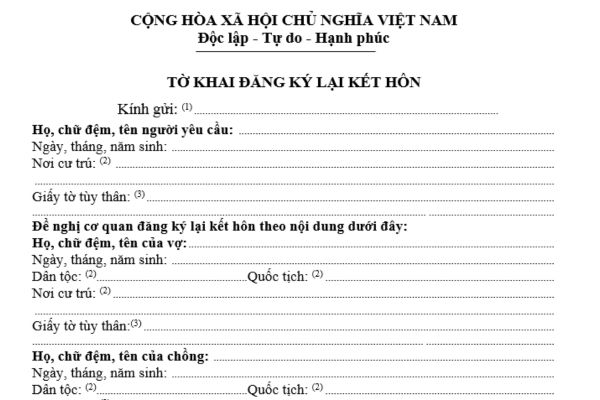 Mẫu tờ khai đăng ký lại kết hôn theo quy định mới nhất là mẫu nào? Có thể tải ở đâu? Có thể nộp hồ sơ qua hệ thống bưu chính không?