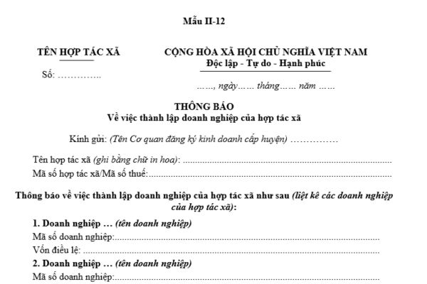 Mẫu Thông báo thành lập doanh nghiệp của hợp tác xã theo quy định mới nhất? Có thể tải ở đâu?