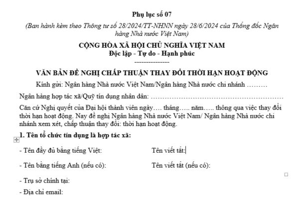 Mẫu Văn bản đề nghị chấp thuận thay đổi thời hạn hoạt động của ngân hàng hợp tác xã theo quy định mới nhất là mẫu nào?