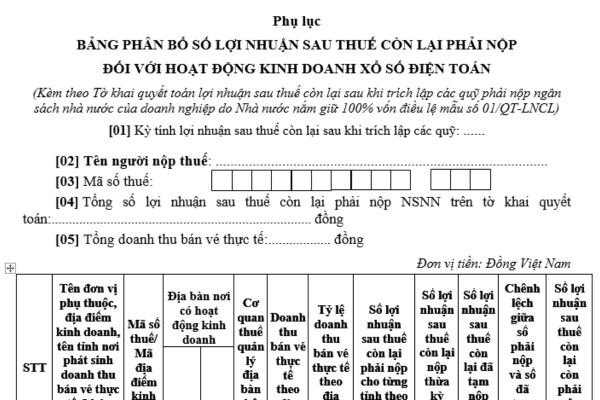 Mẫu bảng phân bổ số lợi nhuận sau thuế còn lại phải nộp đối với hoạt động kinh doanh xổ số điện toán theo Thông tư 80 thế nào?