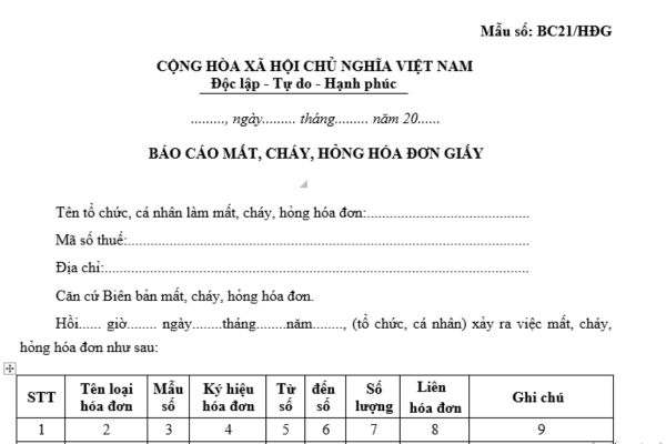 Mẫu báo cáo cháy hóa đơn giấy đã mua của cơ quan thuế theo quy định là mẫu nào? Khi phát hiện hóa đơn bị cháy doanh nghiệp cần phải làm gì?