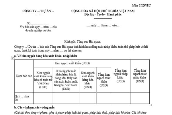 Doanh nghiệp ưu tiên trong hoạt động hải quan thực hiện chế độ báo cáo hàng quý bằng phương thức nào? Tải mẫu báo cáo ở đâu?