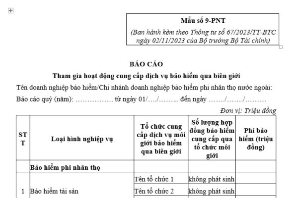 Tải về mẫu báo cáo tham gia hoạt động cung cấp dịch vụ bảo hiểm qua biên giới hàng năm của doanh nghiệp bảo hiểm phi nhân thọ?