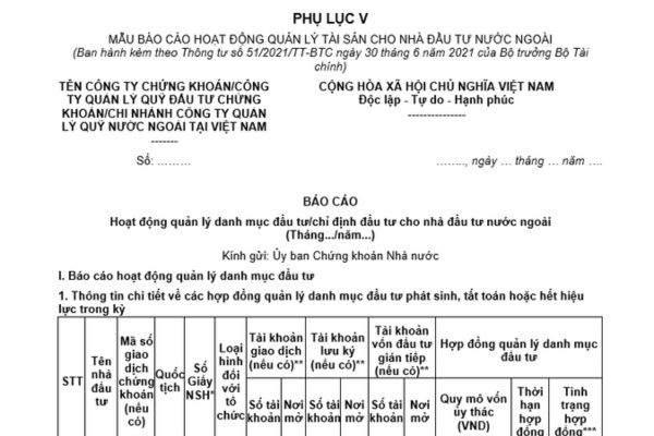 Tải mẫu báo cáo hoạt động quản lý tài sản cho nhà đầu tư nước ngoài của công ty chứng khoán mới nhất?