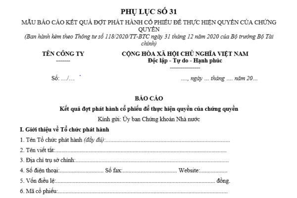 Tải về mẫu báo cáo kết quả đợt phát hành cổ phiếu để thực hiện quyền của chứng quyền ở đâu? Thời hạn gửi báo cáo?