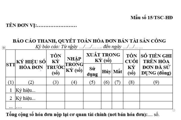 Mẫu Báo cáo thanh quyết toán hóa đơn bán tài sản công theo quy định là mẫu nào? Khi nào phải báo cáo thanh quyết toán hóa đơn?