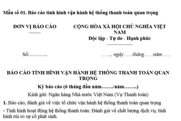 Mẫu báo cáo tình hình vận hành hệ thống thanh toán quan trọng mới nhất là mẫu nào? Có thể tải ở đâu?