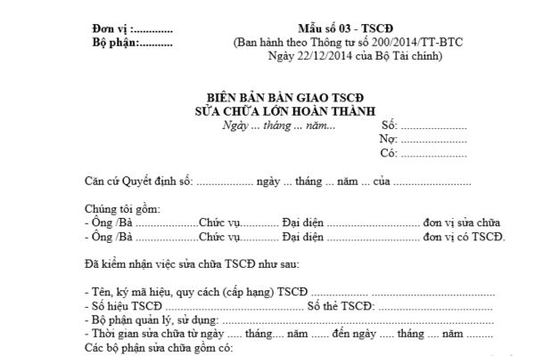 Tải mẫu Biên bản bàn giao tài sản cố định sửa chữa lớn hoàn thành dành cho doanh nghiệp theo Thông tư 200? Tải về ở đâu?