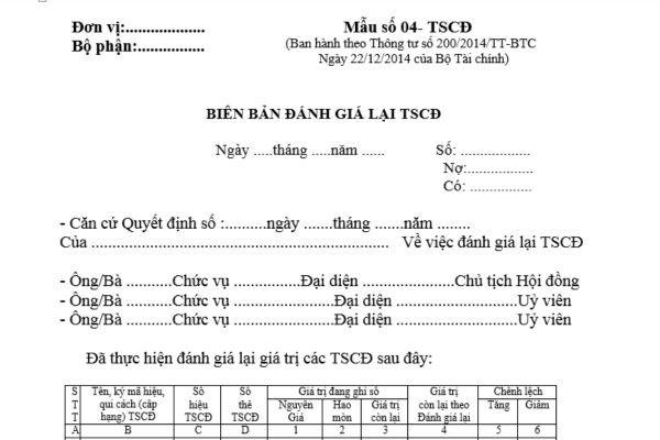 Tải mẫu Biên bản đánh giá lại tài sản cố định theo Thông tư 200? Tải về ở đâu? Hướng dẫn cách ghi?