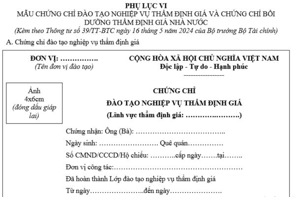 Mẫu Chứng chỉ đào tạo nghiệp vụ thẩm định giá tài sản mới nhất theo quy định là mẫu nào? Có thể tải ở đâu?