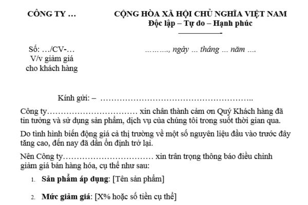 Mẫu Công văn giảm giá bán hàng hóa cho khách hàng? Tải bản word? Hướng dẫn soạn thảo Công văn giảm giá cho khách hàng?